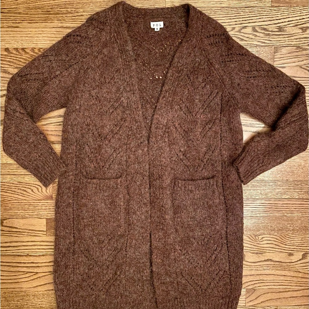 POL Women’s Wool Blend Long Cardigan Burgundy Cabincore Front Pockets Sz S Cozy